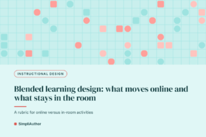 Aqua and coral grid pattern graphic with the title Blended learning design: what moves online and what stays in the room
