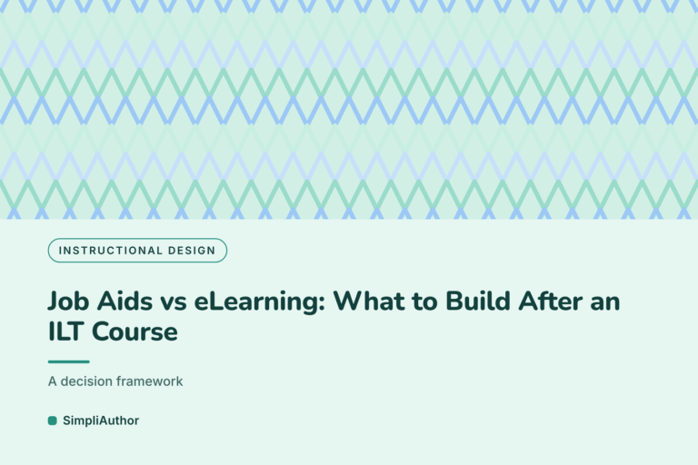 Seafoam and sky blue graphic with a zigzag pattern and the title Job Aids vs eLearning: What to Build After an ILT Course