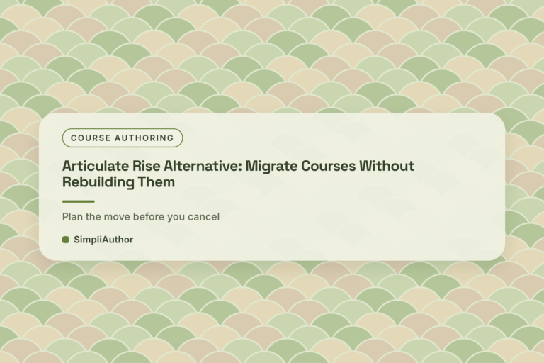 Sage green and sand graphic with a scale pattern and the title Articulate Rise Alternative: Migrate Courses Without Rebuilding Them