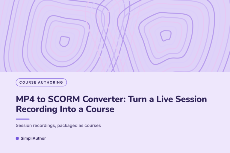 Lavender topographic line pattern graphic with the title MP4 to SCORM Converter: Turn a Live Session Recording Into a Course