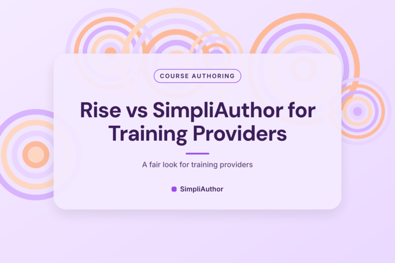 Lilac and peach concentric ring graphic with the title Rise vs SimpliAuthor for Training Providers